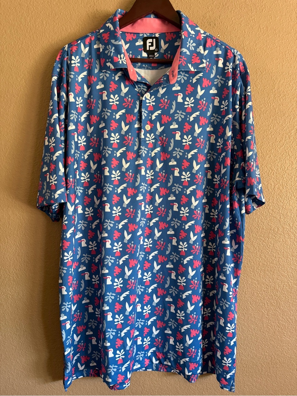 FootJoy Blue Golf Polo with Pink Trim Branded Pradera on Sleeve Size XL
